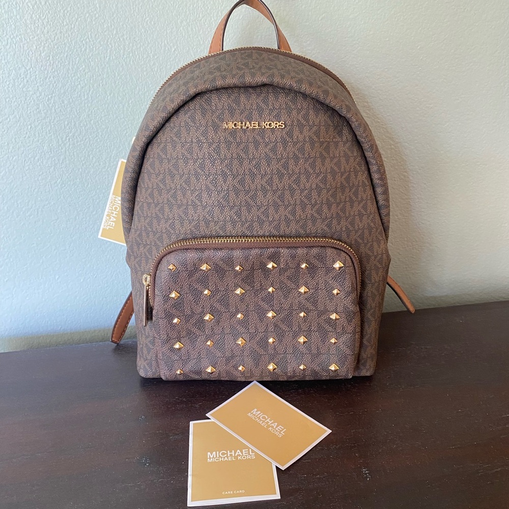 Michael Kors Erin Backpack Gold Studs and Brown Signature MK NWT